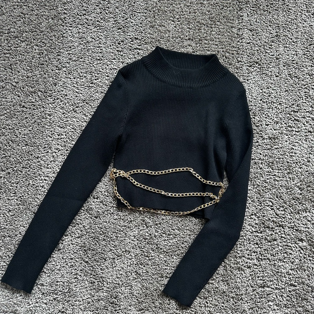 Black Turtleneck Sweater with Chain Detail